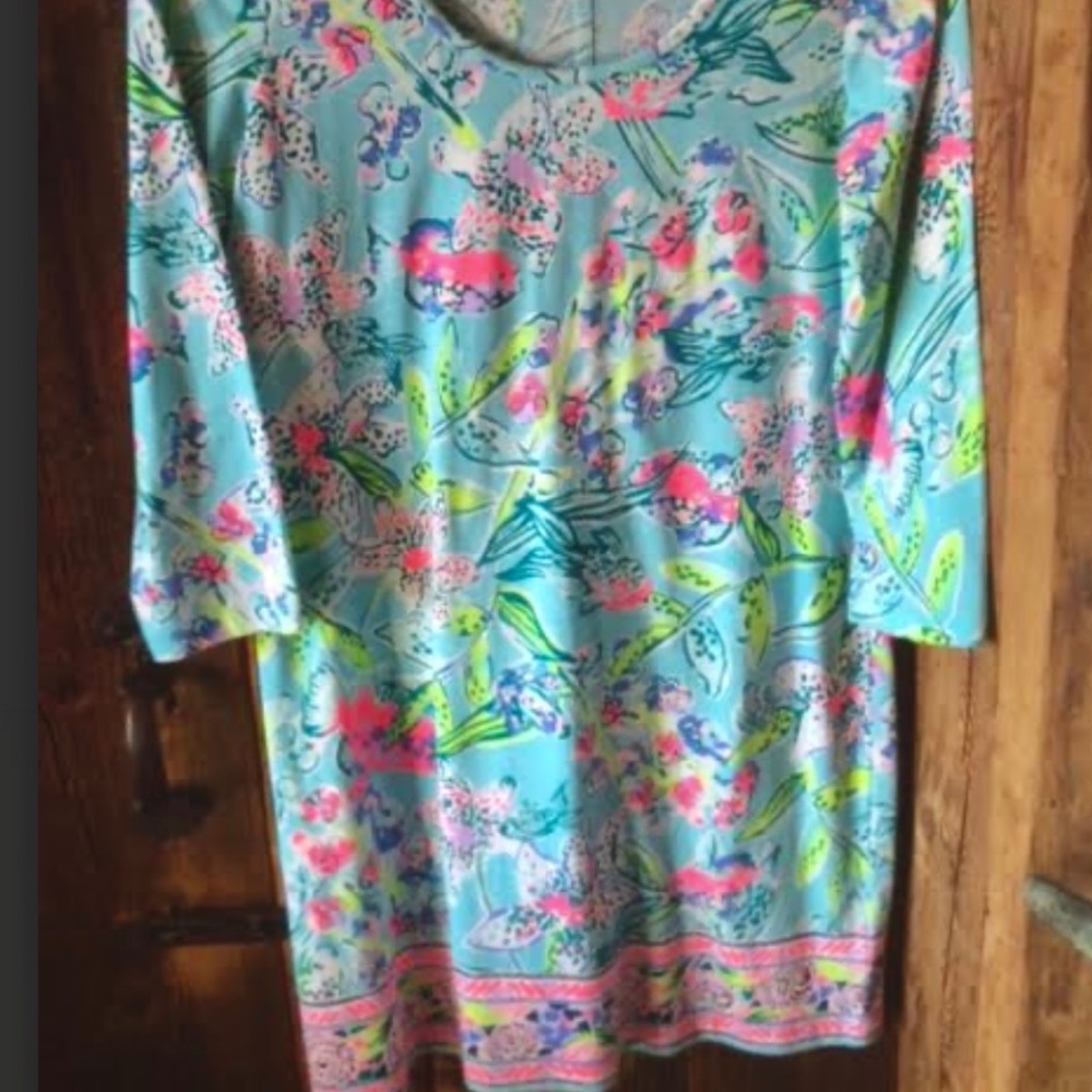Lilly Pulitzer 100% cotton turquoise  pink floral  fish shell 3/4 sleeve dress